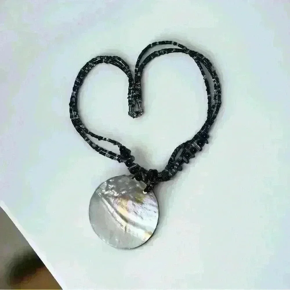 Black Multi-strand Seed Bead Necklace w Round Shell Medallion